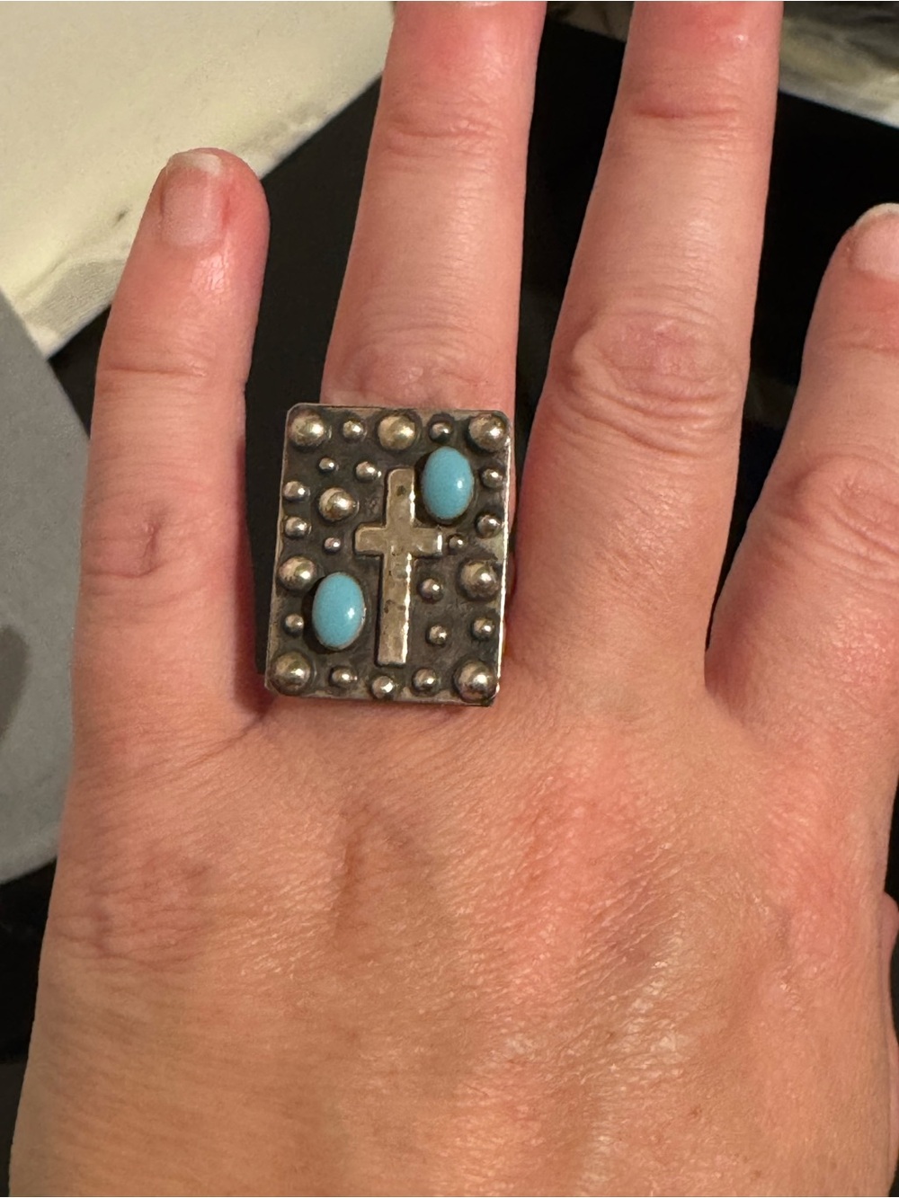 Sterling Silver Southwest Style Turquoise Cross Ring 925 Mexico Rain Drop Design
